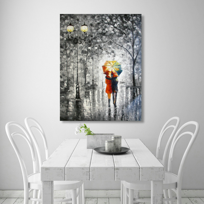 Canvas Art "Lovers under the one umbrella" Palette Knife Painting Black White Red Blue